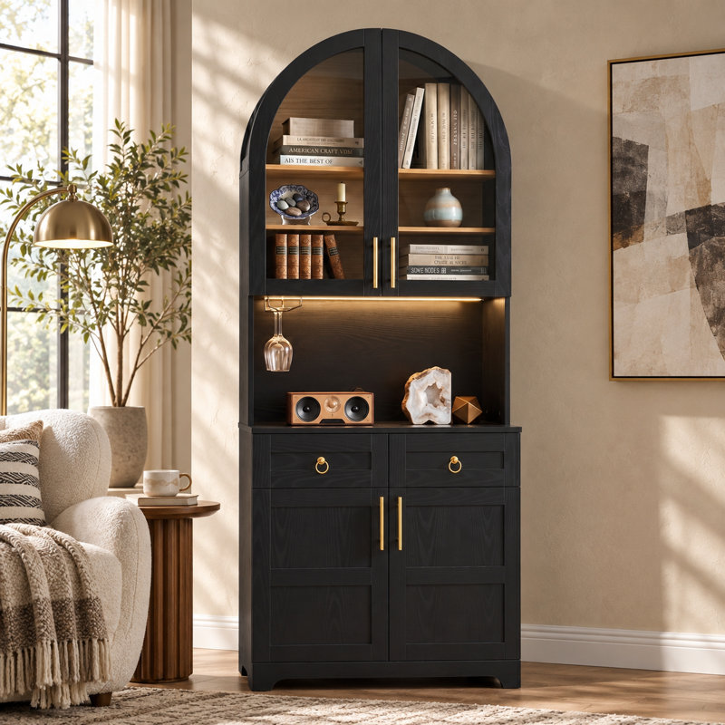 Armoire de cuisine cintrée avec portes vitrées, éclairage DEL, station de recharge et tablettes réglables., Black