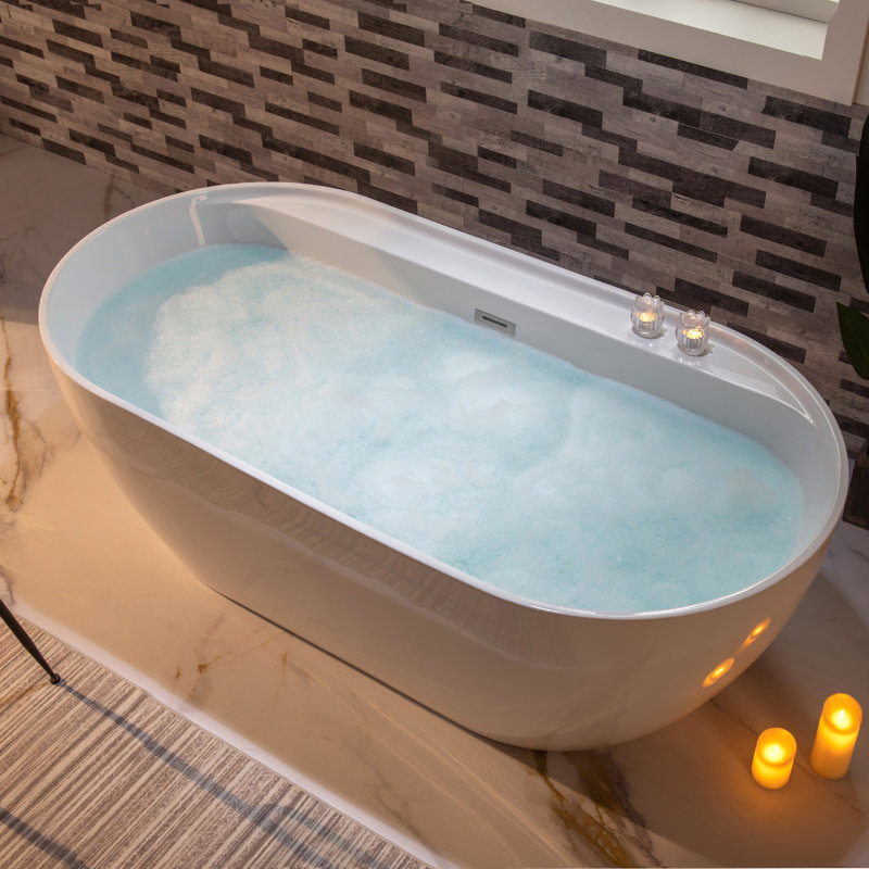 67" x 31.5" Freestanding Soaking Acrylic Bathtub, Chrome, White