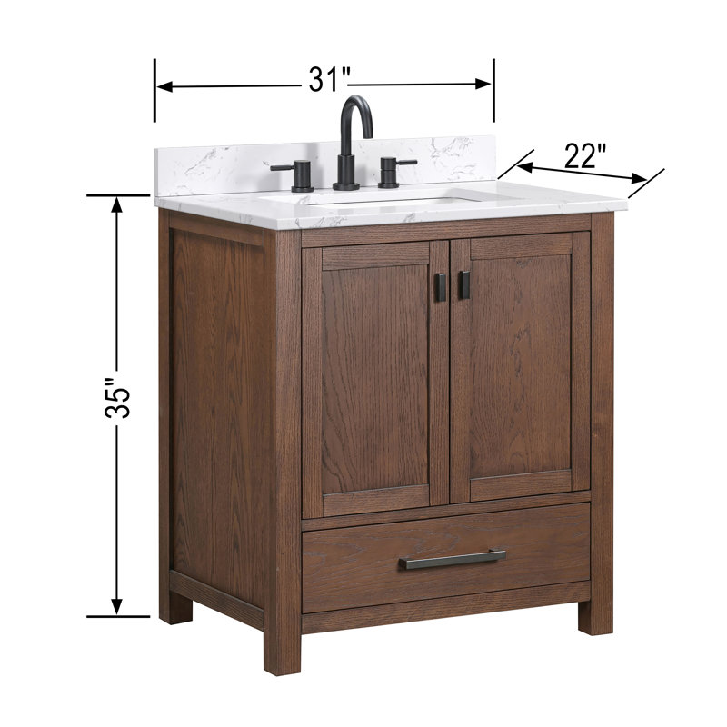 Modero 30" Single Bathroom Vanity with Top, Cala White Marble, Mocha Oak, Black