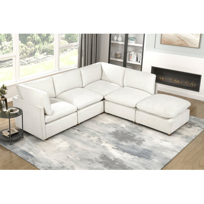 Canapé modulaire moderne 5 pièces avec repose-pieds et tissu beige avec revêtement en bois massif durable