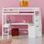 Lit mezzanine avec bureau intégré en forme de L et tablettes de rangement à trois niveaux, et escalier de rangement attaché-1728796595
