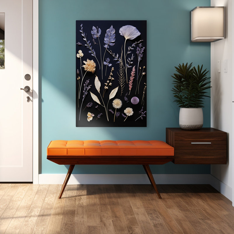 Améthyste nuit pressée de fleurs II - arrangement botanique de fleurs séchées contemporaines, H 48 po x l 32 po