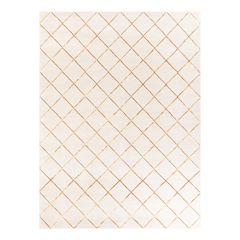 Latitude Run® Checks Nikica Rug White and Gold, Rectangle 9' x 12'