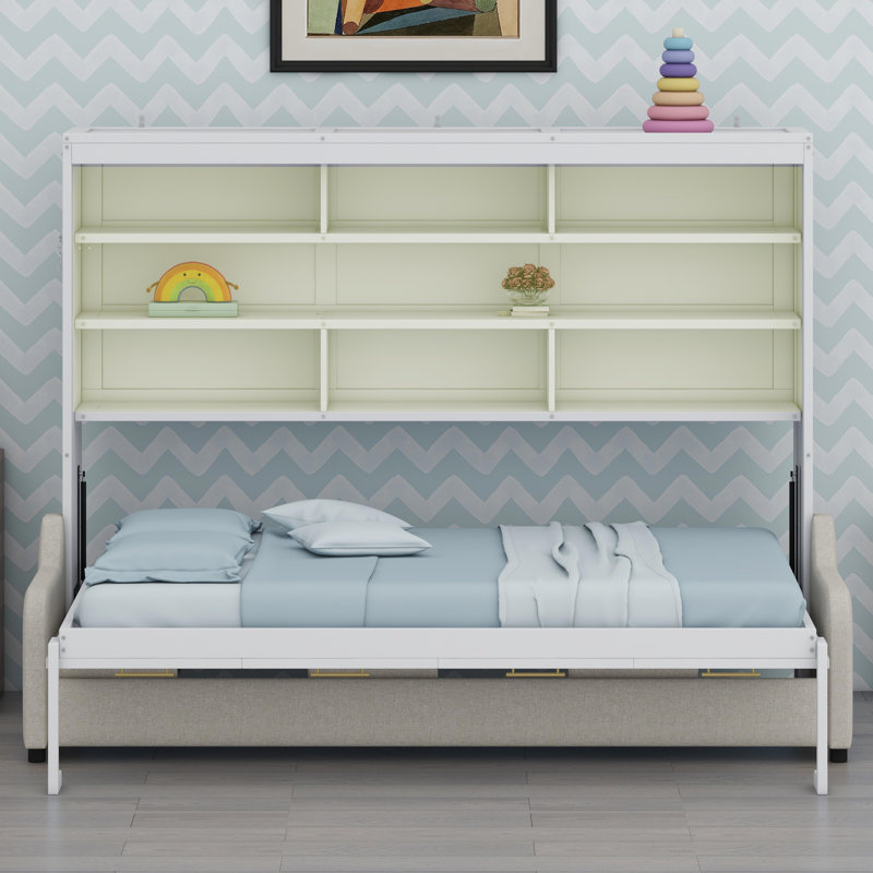 Multifunctional Cabinet Bed with Integrated Folding Sofa, Storage Shelves, and Ambient LED Lighting