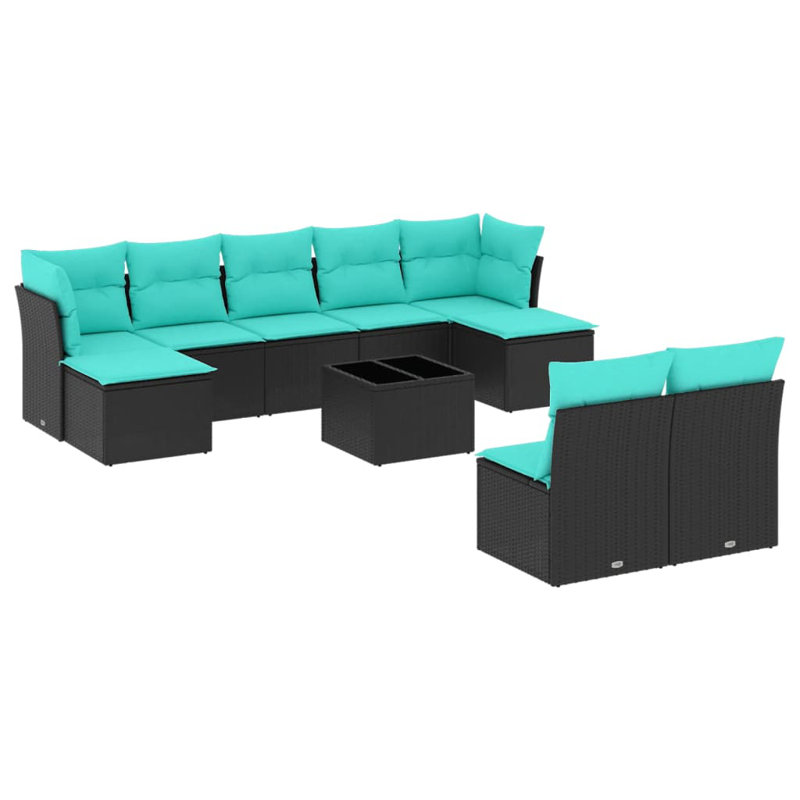 Ensemble de canapé de patio 10 pièces avec coussins en rotin de polyester, Bleu clair, Noir