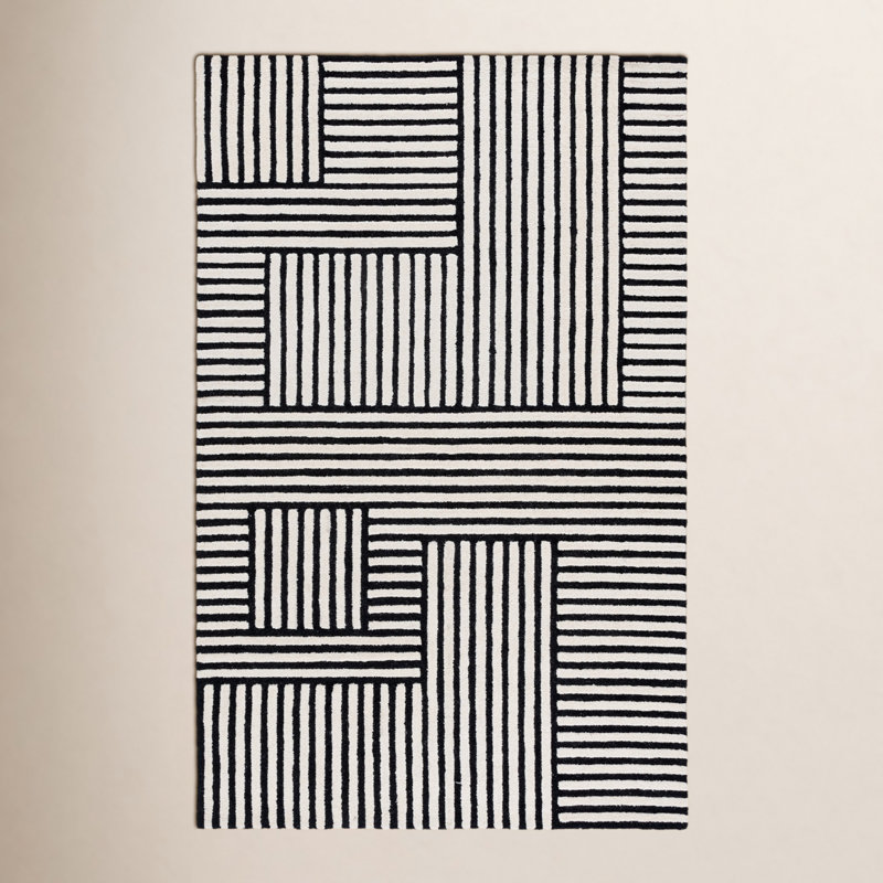 Elsbeth Geometric Hand Tufted Wool/Cotton Area Rug in Ivory/Black, Rectangle 5' x 8'