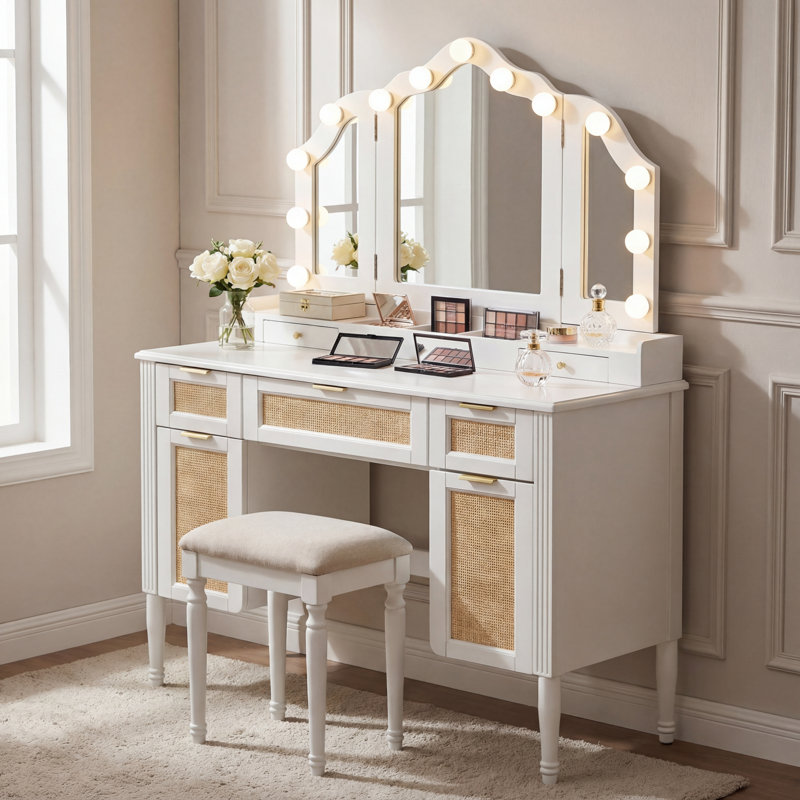 White 44.37 Inch Hollywood Vanity Desk with 13 Bulbs, Tri-Fold Mirror, 5 Drawers, Charging Station, and 3 Lighting Modes for Bedroom