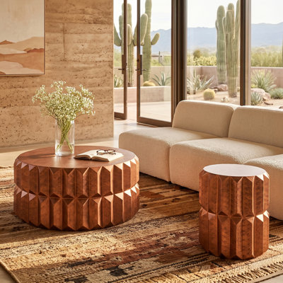 Edge Coffee Table & End Table Set Wire Brush Copper Finish