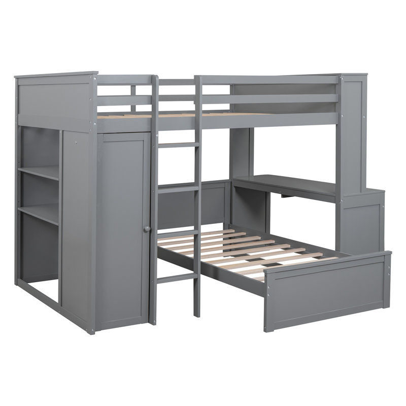 Lit mezzanine avec lit autonome, tablettes, bureau et garde-robe, Gris, Simple sur double