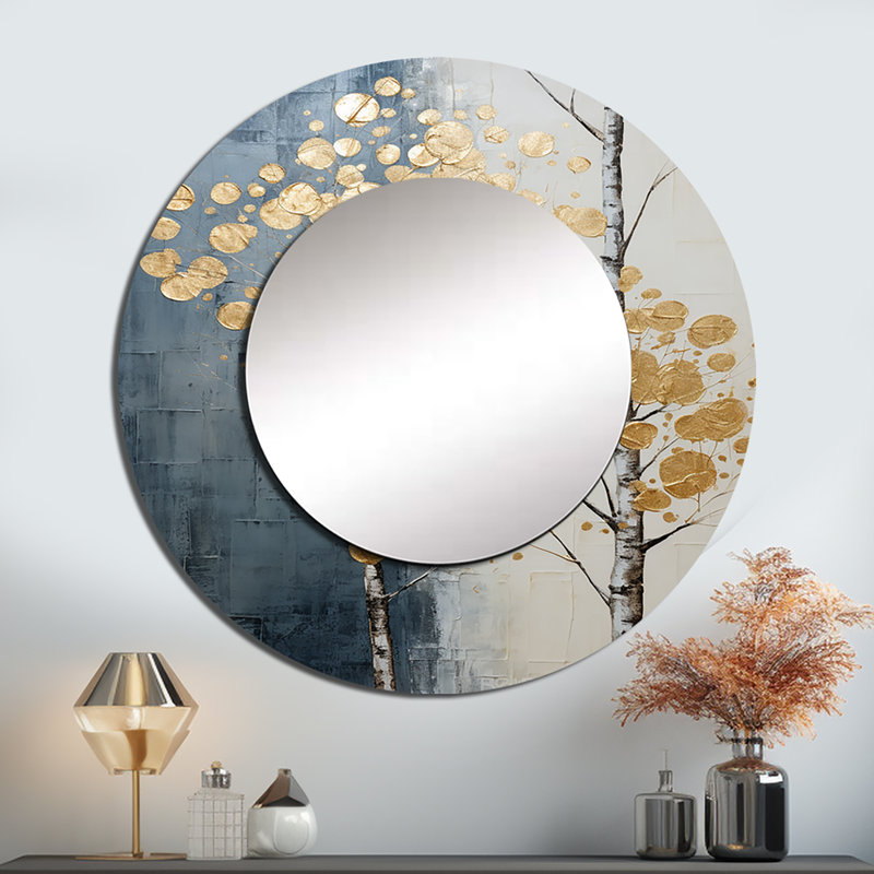 Semyah minimalisme or et bleu arbres scène II - miroir décoratif arbres, miroir mural rond traditionnel, impression d'art en métal