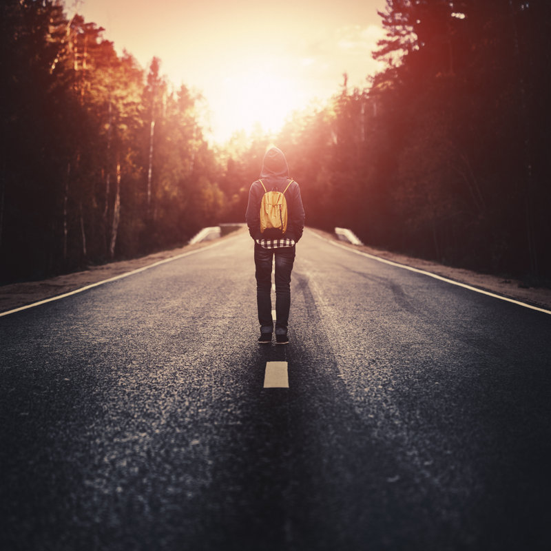 Traveler With Backpack Walking Along The Road by Da-Kuk - No Frame Print on Canvas, 30cm H x 30cm W