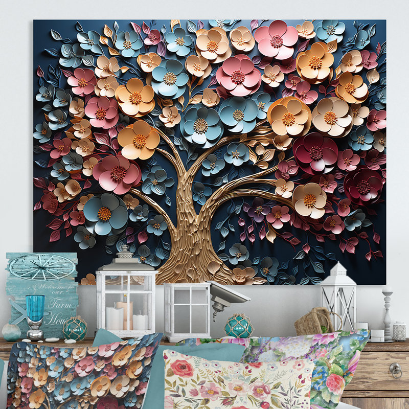 Orchidée dorée colorée, jardin de branches III - arbre, art mural en métal, H 12 po x l 20 po x P 1 po