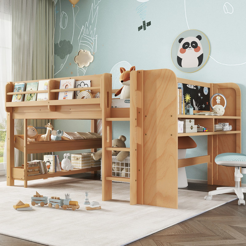 Lit mezzanine double avec bibliothèques, boîtes et tiroirs à rangement multiple, lits mezzanine bas en bois massif avec bureau et tableau noir, aucun sommier nécessaire, naturel