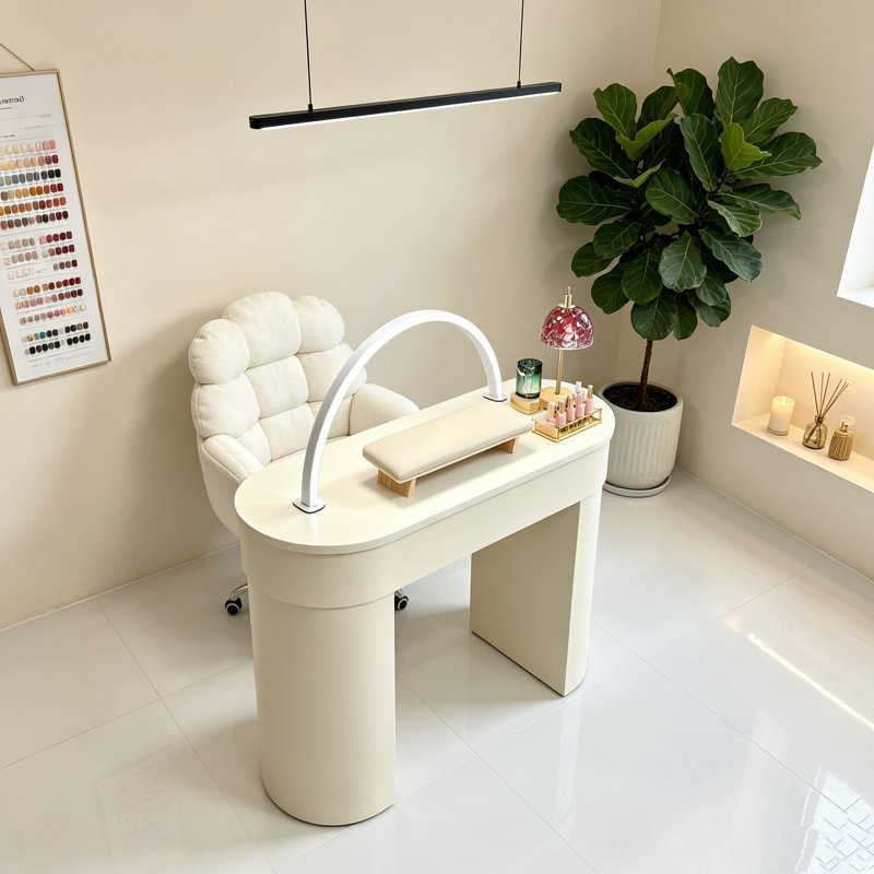 Modern Beige Curved Single Manicure Table with Storage, Fully Assembled （ 2pcs)