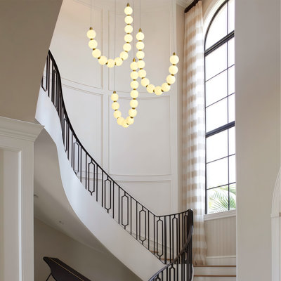 Modern Gold Beaded LED Chandelier, Multi-Globe High Ceiling Pendant Light for Staircase