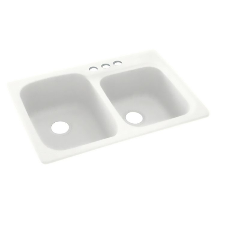 33'' L Double Bowl Solid Surface Kitchen Sink, 3 Hole, Off White