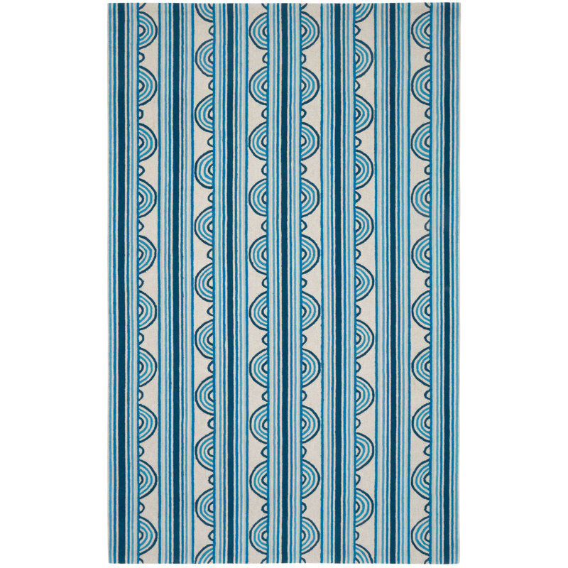 Tapis bleu en laine à boutons crocheté à la main, Rectangulaire 2 pi x 3 pi