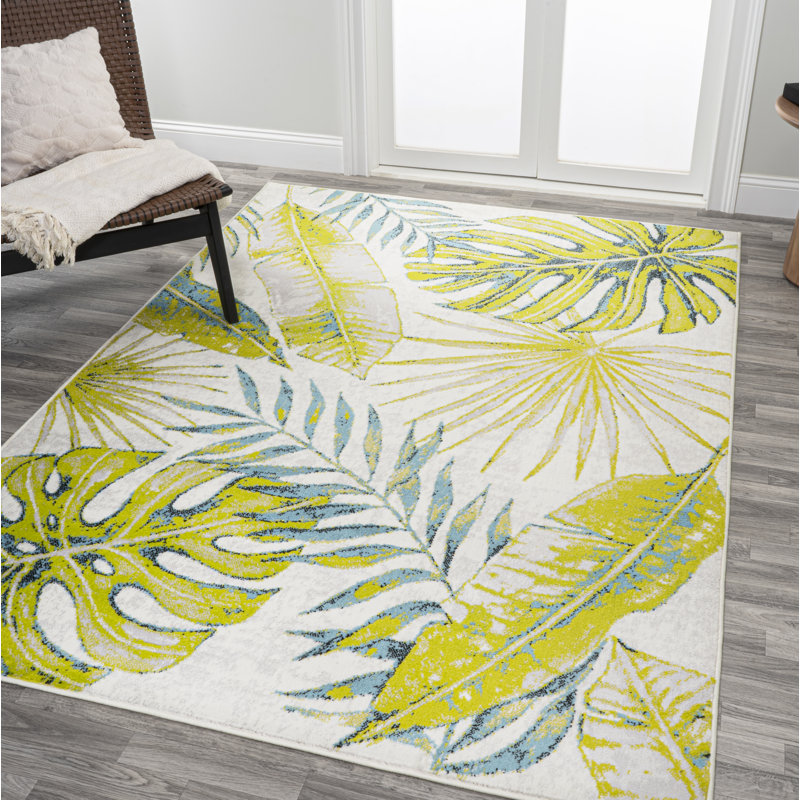 Tapis ivoire / vert à feuilles tropicales Marlinton, Rectangle 5 pi 3 po x 8 pi