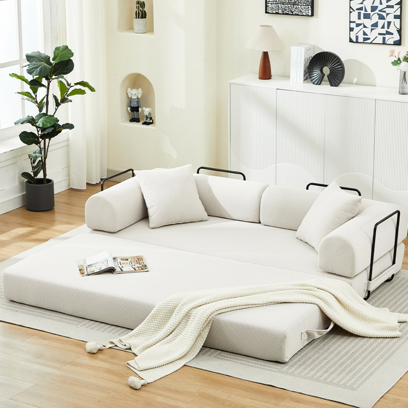 78.5" Fold Out Couch Bed, 3 - Seater Convertible With Beige Corduroy, Foam Spring Floor Mattress For Living Room, No Assembly Required Futon 2 Pillows, Mattress, Corduroy Material, Vacuum Packed