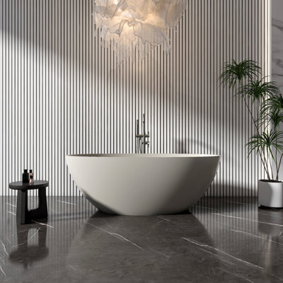 55" x 31" Contemporary Solid Surface Freestanding Soaking Bathtub, Minimalist Oval Flatbottom Tub with Center Drain
