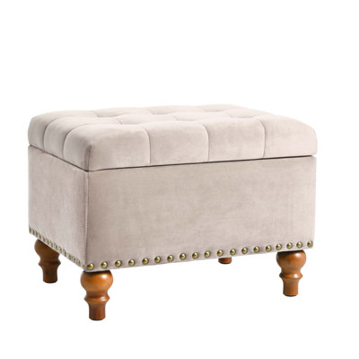 Ottoman storage bench, recessed support hinge top easy to open, rivet trim around, bedroom, entrance, living room, linen