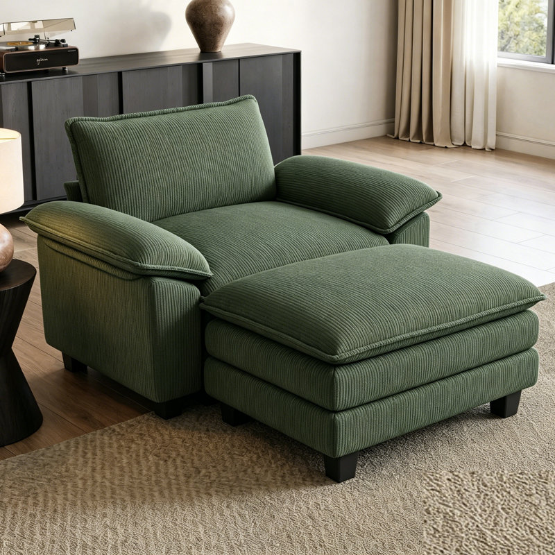  Colbey 56" Oversized Cloud Armchair & A Half with Ottoman , Lena Green Corduroy