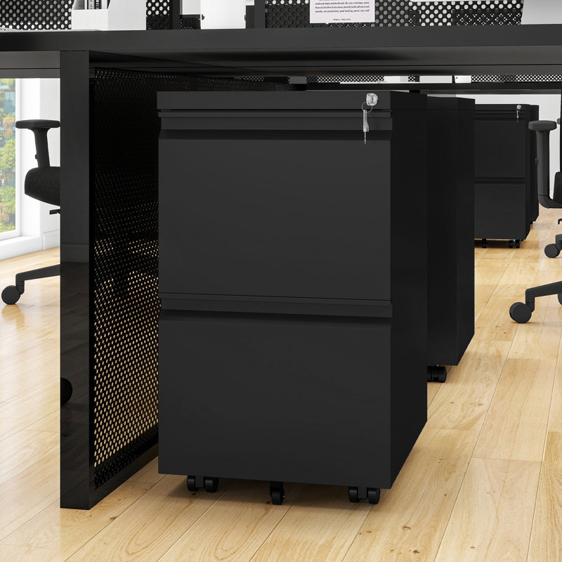 Canesha 39cm W 2-Drawer Office storage unit,Steel Filing Cabinet with 4 Casters, Black