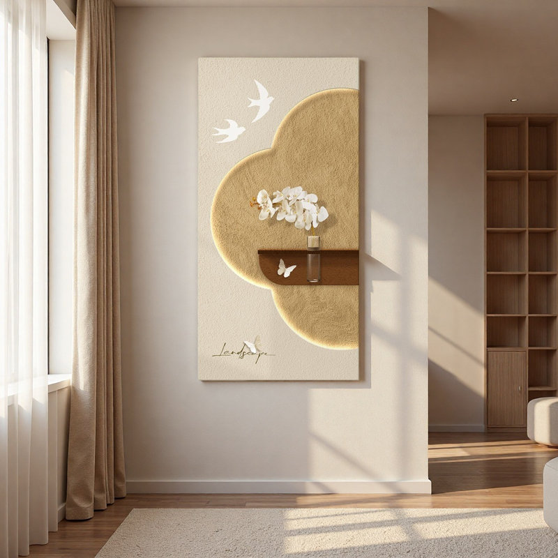 Art mural lumineux crème Mid-Century avec verdure hydroponique et texture grès, H 59,06 po x l 29,53 po x P 1,73 po