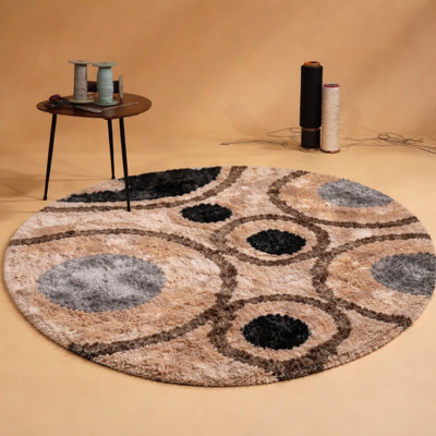 Wooters Hand Tufted Shag Polyester Eco-Friendly Area Rugs - Round, Beige Multicolor, Geometric Modern Design, High Pile Thick Handmade Anti Skid Area Rugs for Living Room, Bed Room