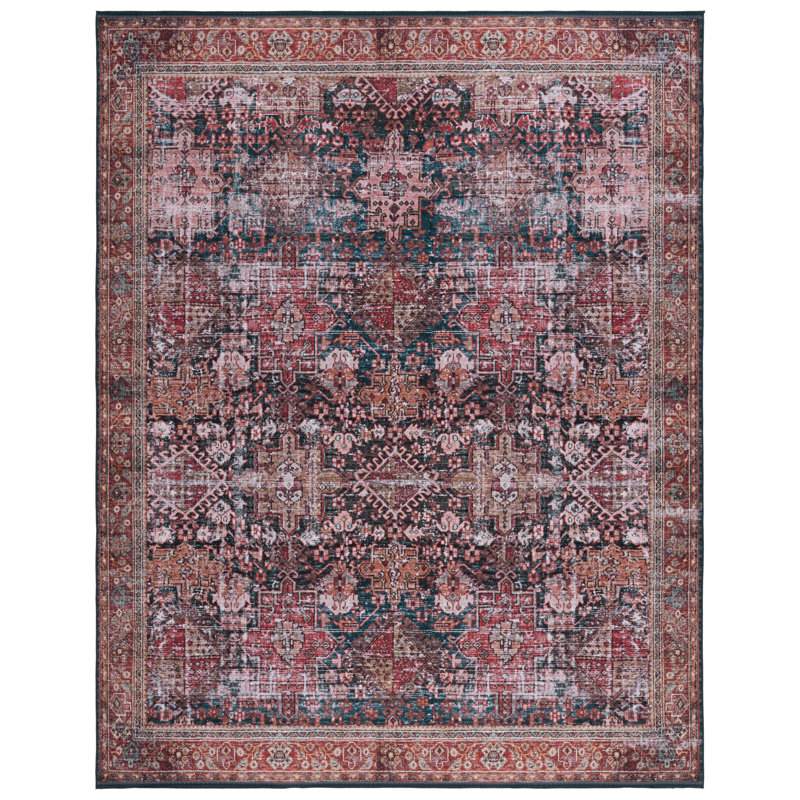 Tucson Vintage Look Machine Washable Non-Slip Area Rug in Red, Navy & Beige, Rectangle 244 x 305 cm