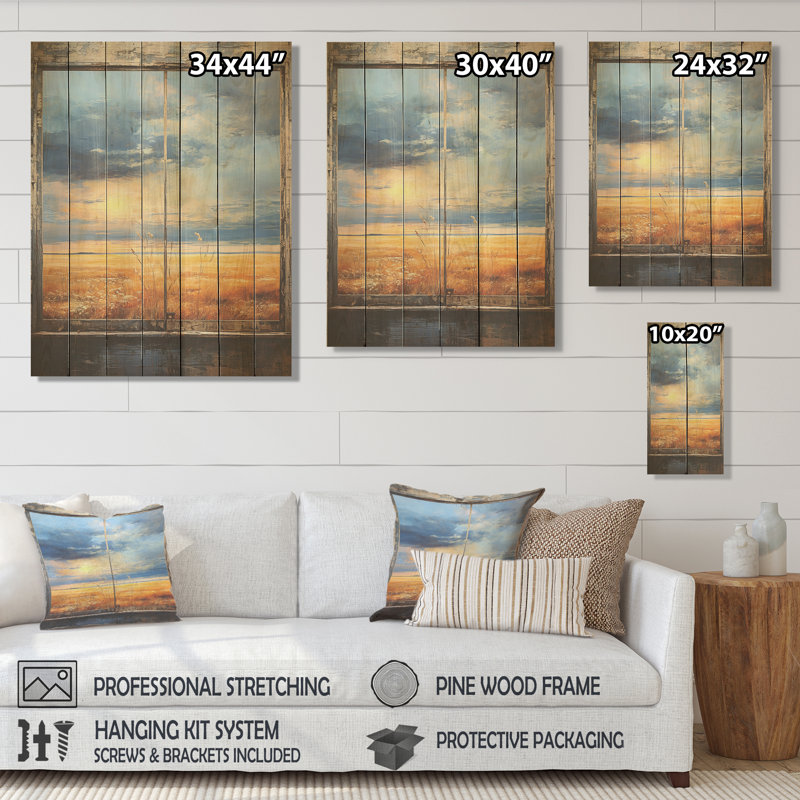 Meadow Horizon Farmhouse Windows II - Fenêtres de ferme sur impression sur bois, H 20 po x l 10 po