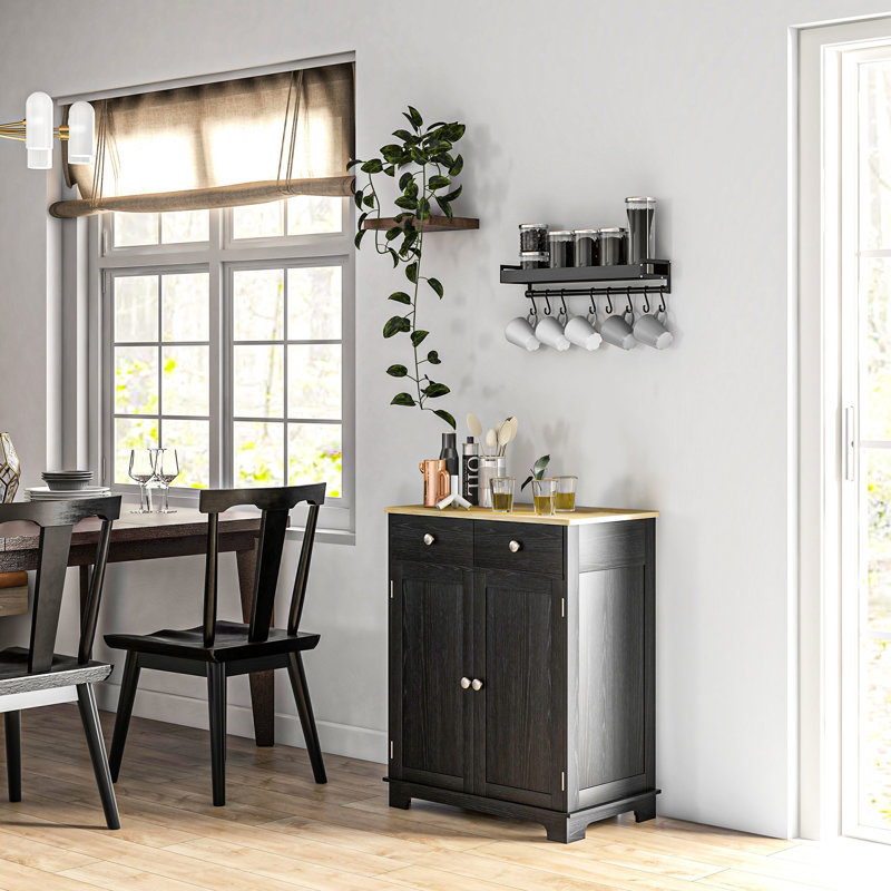 Buffet noir délavé - comptoir en bois massif, 2 tiroirs, portes, armoire de rangement à tablette réglable avec 2 tablettes, cuisine