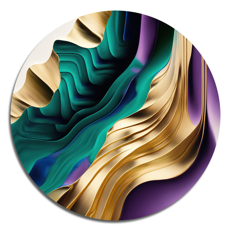 Mauve, vert et or, "Bold Strokes III" - Art abstrait rond en métal, H 36 po x l 36 po x P 1 po