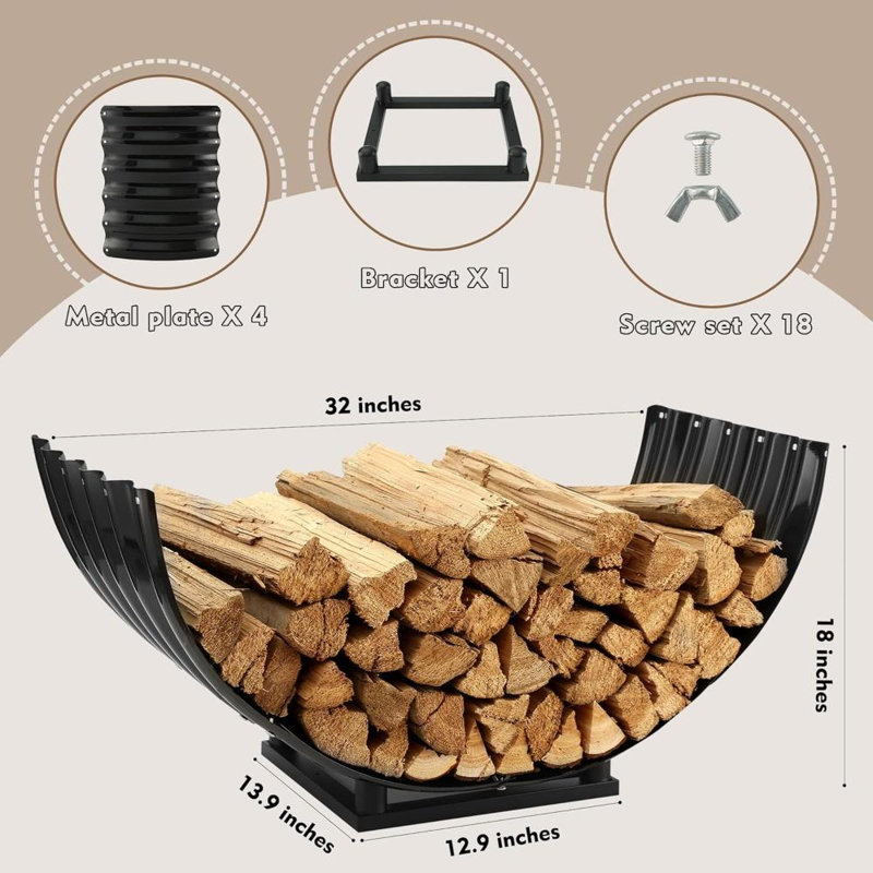 Support à bois de chauffage durable en métal noir demi-cercle
