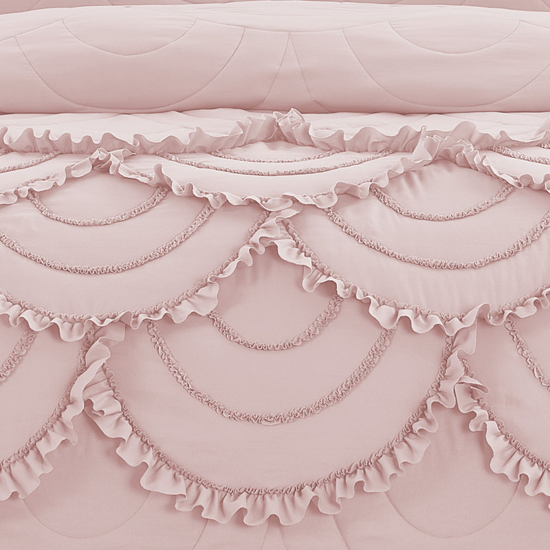 DESIGN STUDIO Scallop Ruffle Blush Pink Garment Washed Soft Solid Quilt Set, Queen Quilt + 2 Standard Shams
