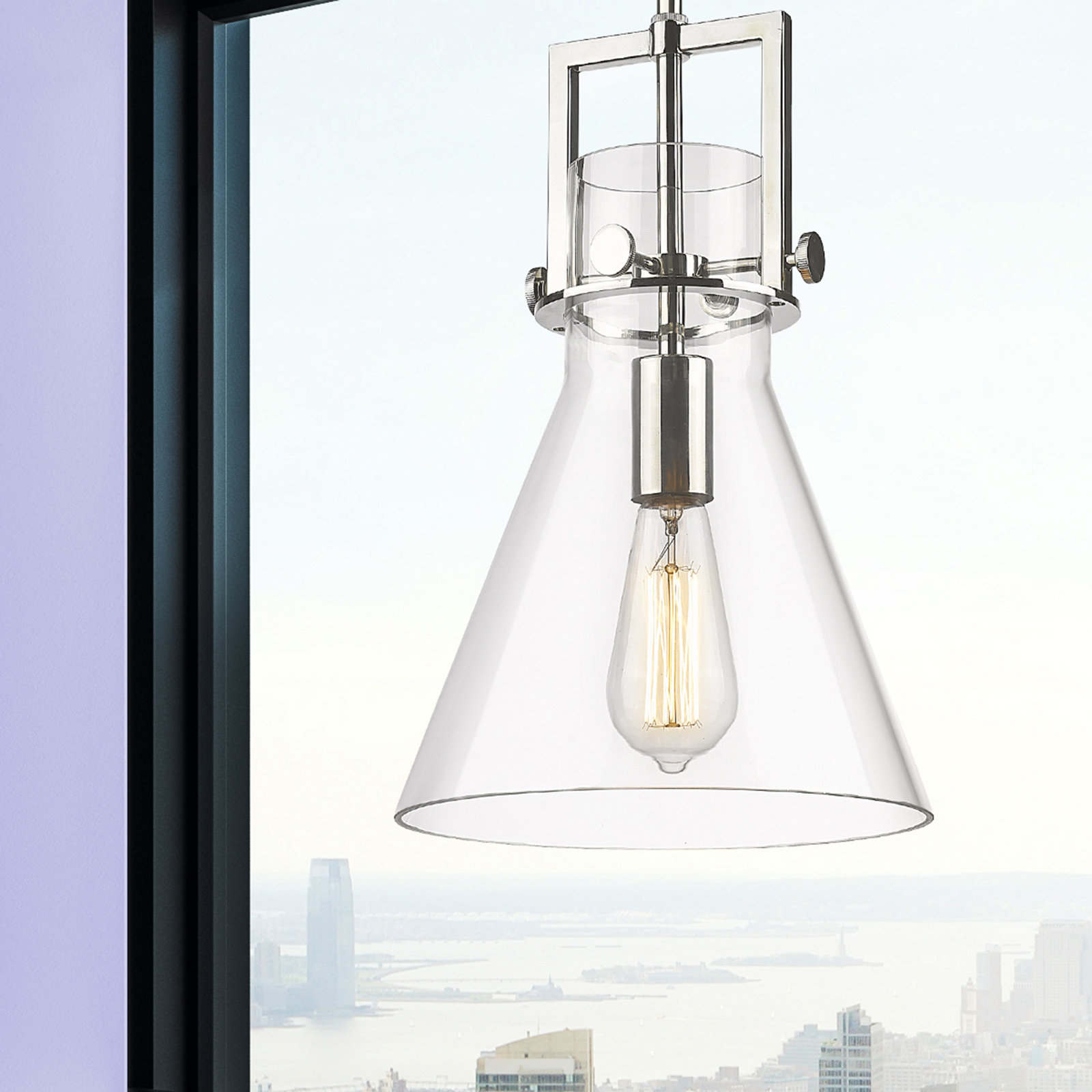 Coterie Single Light Glass Dimmable Pendant, Clear, Polished Nickel, 13.63" H x 10" W x 10" D