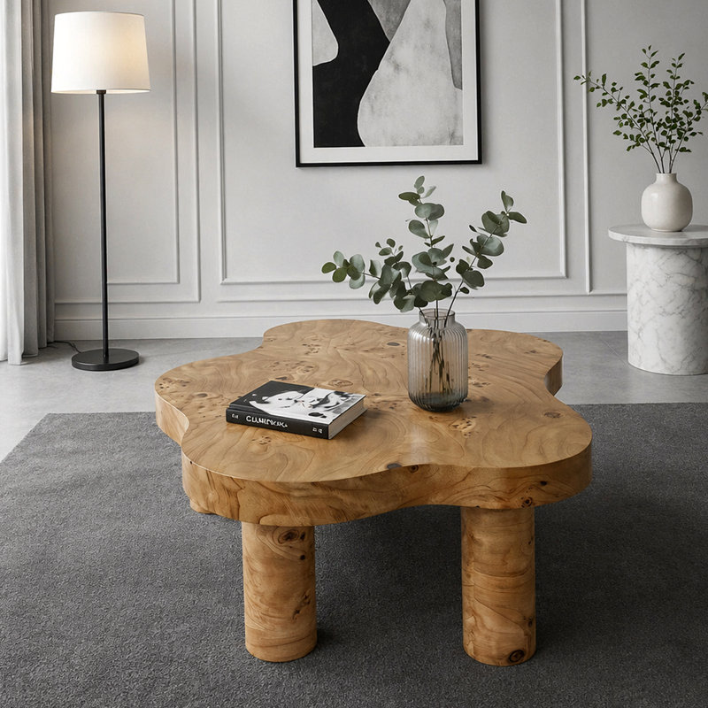 Table basse moderne de 40 pouces en forme de nuage, équipée de 4 pieds ronds pour assurer la stabilité structurelle, convenant à la décoration du salon, des appartements et des petits espaces avec un motif de nœuds d'arbre