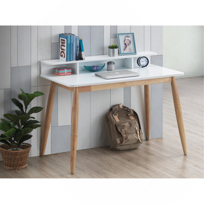 Mid-Century Modern Wood Writing Desk With Hutch, White