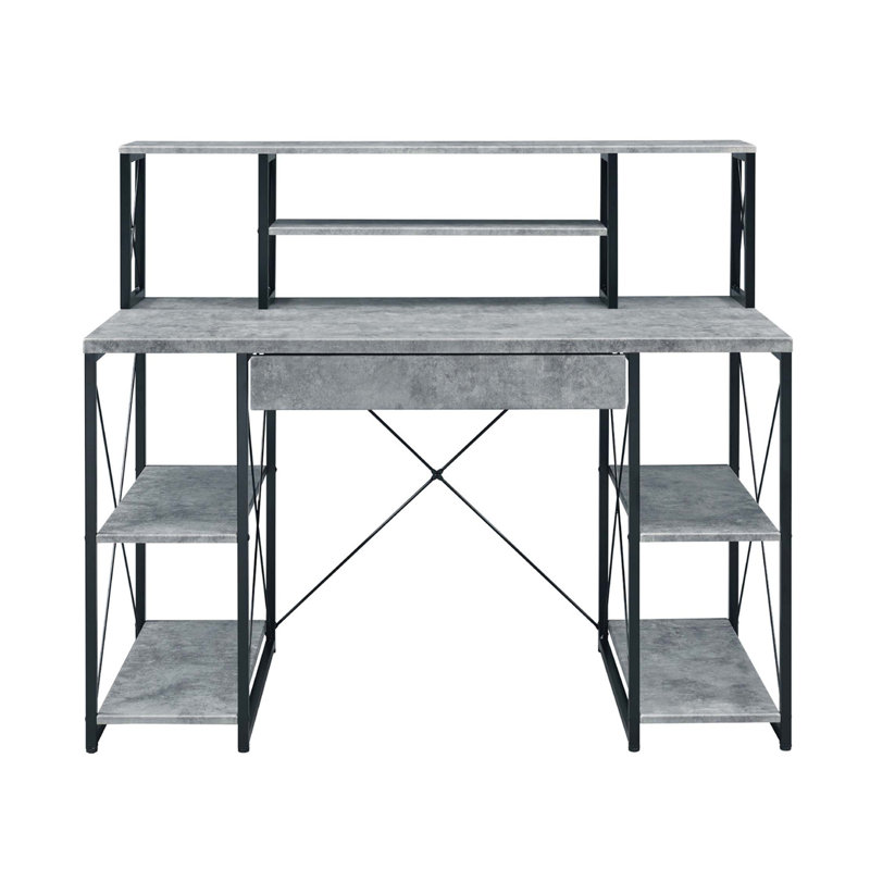 Bureau d'écriture avec un tiroir et 8 compartiments ouverts, Gris