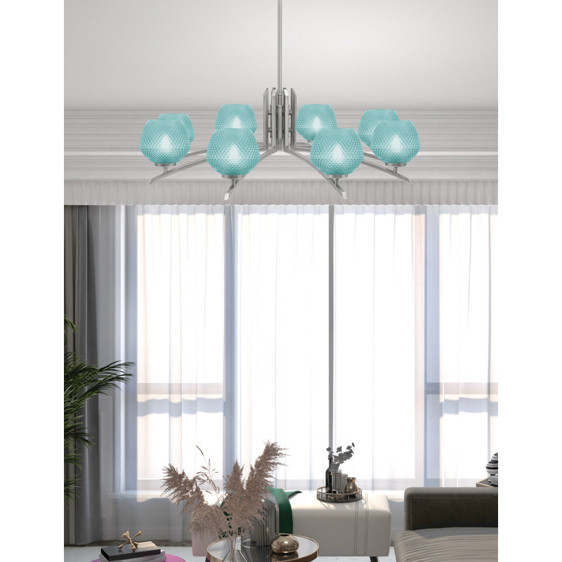 Lustre lumineux avec verre texturé turquoise de 6 po, Graphite, H 58,25 po x l 36 po x P 36 po, 8