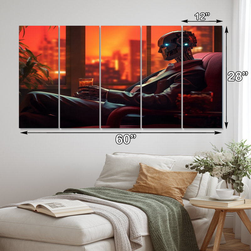Stylish Humanoid Android Sitting On Couch - Robot Wall Art Print - 5 Equal Panels
