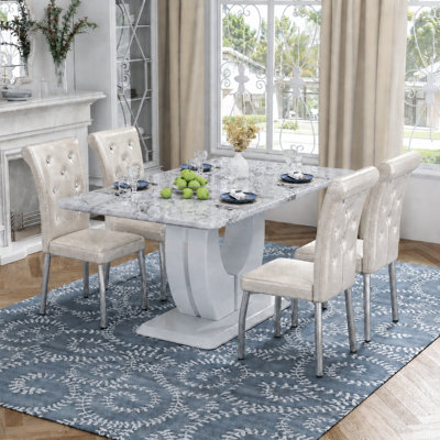 Ensemble de table de salle à manger moderne en faux marbre de 63 po avec chaises en similicuir à ressorts