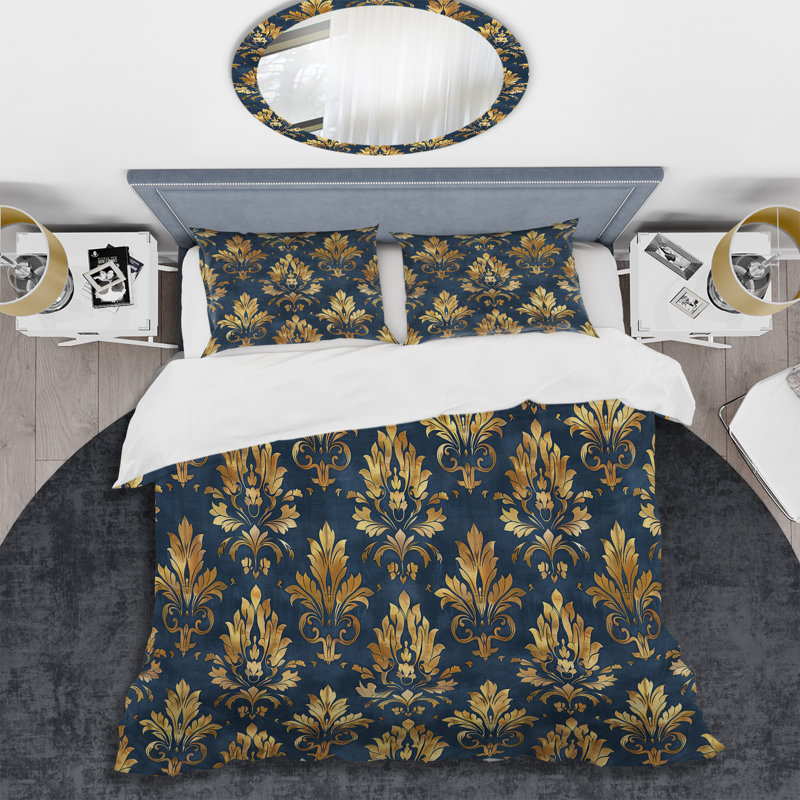 Blue Gold Timeless Damask Art I - Ensemble de housse de couette transitionnel
