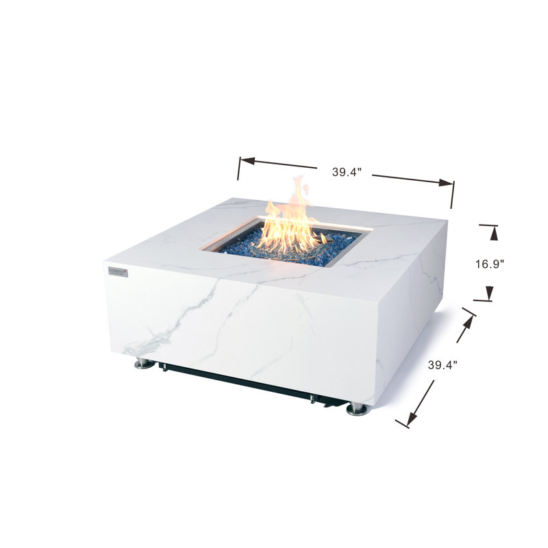 Square Stone Smokeless Outdoor Fireplace, Propane, Bianco White, 42.9cm H x 100.1cm W x 100.1cm D