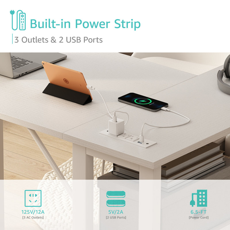 Built-in Outlets L-Shaped Computer Desk with Drawers & Storage Shelves, 29.5" H x 47.2" W x 26.8" D, White