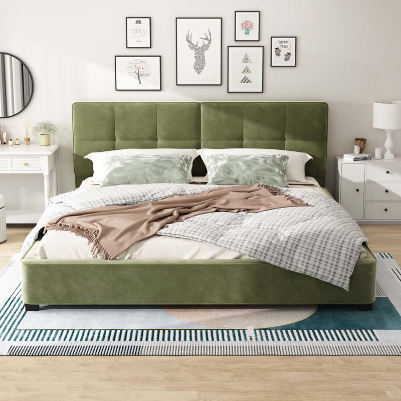 Maly Upholstered Platform King Size Bed With Curved Tufted Headboard, Olive Green Velvet