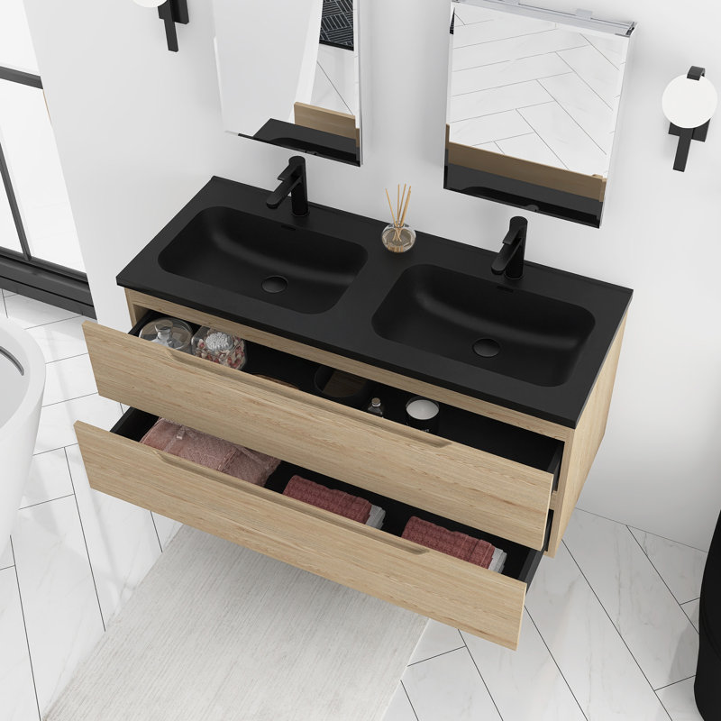 Meuble-lavabo double mural 48 po en chêne Evita avec plateau en quartz intégré
