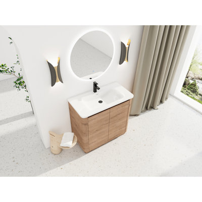 Meuble-lavabo autoportant de 36 po avec lavabo en céramique blanc, 2 portes à fermeture en douceur, tablettes réglables, 45 poignées dissimulées, pour tablettes de rangement compactes, base en contreplaqué