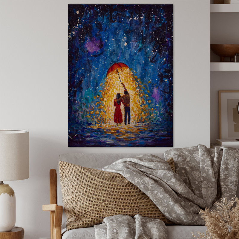 Couple in Love Walks Under Glowing Umbrella - peinture sur toile, H 32 po x l 16 po x P 1 po, Bois de pin