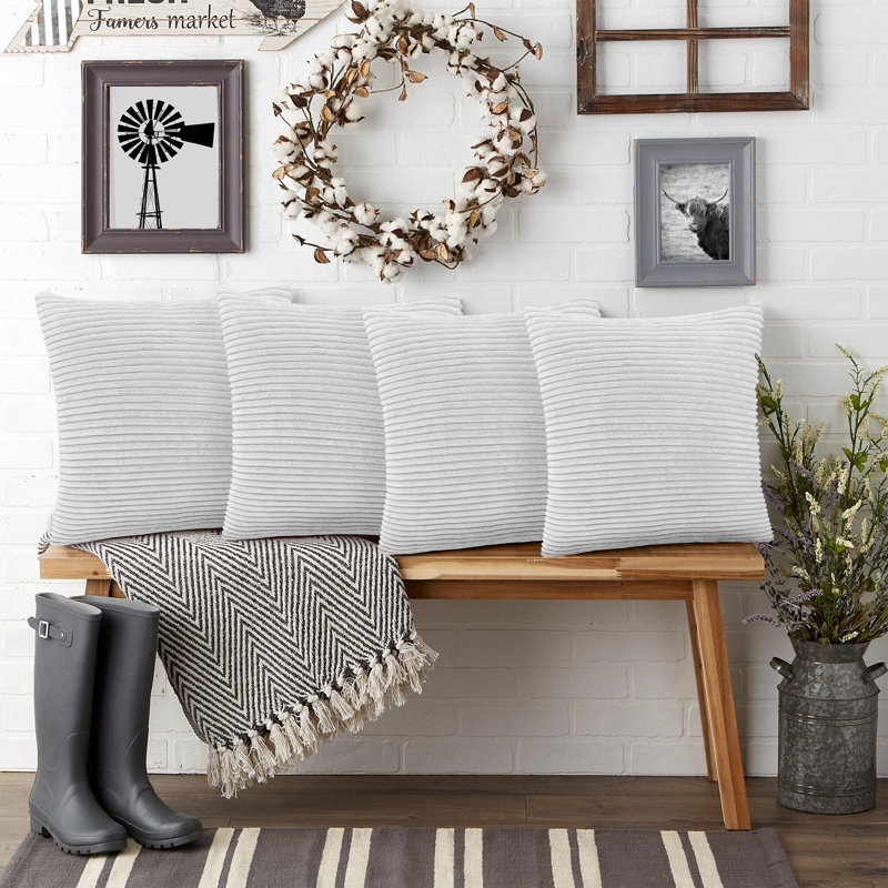 Shadwell Striped Square Scatter Crushed Velvet Cushion Cover, White